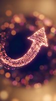 Glowing upward arrow made of sparkling particles with bokeh lights, representing growth, success, and positive business momentum in warm tones.