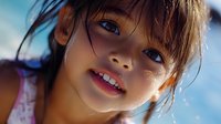 Young Asian girl with bright smile and sparkling eyes looking up at camera against blue sky background, natural lighting creates warm glow on her face.