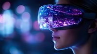 Young woman wearing futuristic virtual reality headset with glowing purple and blue lights, cosmic space visualization reflected in visor against dark background with bokeh.