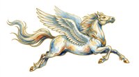 Watercolor Pegasus with golden accents, wings spread, galloping in mid-air, isolated on transparent background, ready for stickers, t-shirt design, and print on demand.