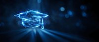 Glowing blue graduation cap with light rays and bokeh effects on dark background for education and achievement concepts.