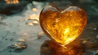 Glowing amber heart crystal on wet surface with golden bokeh lights and reflections creates magical romantic atmosphere. Perfect for Valentine designs.