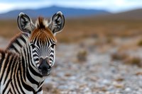 Young zebra portrait showing distinctive striped pattern and alert expression against blurred savanna background. Close view captures intricate facial features and ears.
