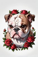 Artistic portrait of an English Bulldog surrounded by blooming red roses and green leaves, perfect for tattoo design, t-shirt prints, or decorative artwork on white background.