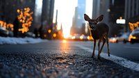 Young deer standing on urban street at sunset with bokeh city lights and snow, creating magical winter atmosphere in metropolitan environment.