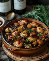 Roasted mushrooms in terracotta bowl garnished with fresh herbs, caramelized glaze and sauce. Dark moody food photography with wine bottles in background.