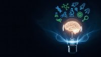 Light bulb with glowing brain inside surrounded by floating science icons on dark blue background. Concept for innovation, creativity and scientific thinking.