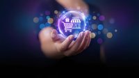 Online shopping store with neon glowing icon in hand, e-commerce business concept for retail sales and digital marketplace technology.