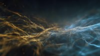 Abstract digital network with flowing golden and blue energy waves creating dynamic technological landscape for modern design projects.