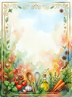 Watercolor cooking frame with fresh vegetables, herbs, kitchen utensils, and ornate gold border on white background. Ideal for recipe cards, menus, culinary designs.