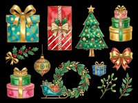 Watercolor Christmas clipart set with gift boxes, tree, wreath, sleigh, ornament, bow, holly, and mistletoe, isolated on transparent background for stickers, sublimation, and T-shirts.
