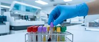 Laboratory technician in blue gloves handling colorful test tubes in modern medical research facility for scientific analysis and diagnostic testing.