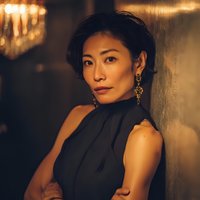 Elegant Asian woman in black sleeveless top with gold earrings posing confidently against textured wall in luxurious interior with warm chandelier lighting.