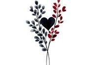 Minimalist floral composition with black heart centered between red and navy blue branches with leaves on white background, isolated design element for valentines cards.