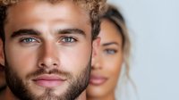 Young diverse couple in romantic close-up portrait against light background. Caucasian man with beard and curly hair in foreground with African American woman behind.