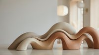 Modern abstract ceramic sculpture with flowing organic curves in neutral beige and terracotta tones on minimalist interior background for contemporary decor.