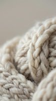 Cozy beige knitted wool yarn texture with cable pattern detail for winter fashion and handcraft projects.