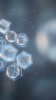 Abstract geometric glass cubes and spheres floating in space with bokeh lights and particles for modern digital design backgrounds.