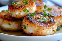 Pan seared sea scallops with golden brown crust garnished with fresh herbs and black pepper served on white plate, close up view of gourmet seafood appetizer.