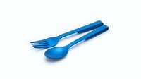 Blue plastic fork and spoon set with case on white background, lightweight portable cutlery for camping, travel, and outdoor dining.