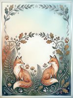 Two foxes sit facing each other in a decorative floral frame with ferns, oak leaves, and paw prints, forming a circular copy space center.
