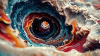 Swirling abstract macro art with deep blue vortex center surrounded by vibrant orange and red waves, creating dramatic depth and movement in fluid acrylic paint pour technique.