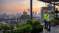 Construction workers in safety vests inspect rooftop project at sunset with urban skyline view. Ideal for construction, engineering, and workplace safety content.