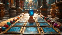 Mystical fortune telling setup with blue crystal ball, tarot cards and colorful stones arranged on ancient wooden table in atmospheric temple interior. Spiritual divination scene.