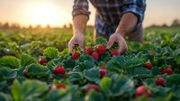 Farmer hands carefully harvesting fresh ripe strawberries from green plants in agricultural field during golden hour sunset for organic farming concept.