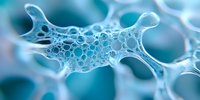 Microscopic view of cellular structure with interconnected membranes and bubbles in cyan blue tones showing biological network patterns. For science and medical design.