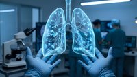 Medical professional holding holographic lung anatomy model in modern laboratory for respiratory health research and pulmonary disease diagnosis education.