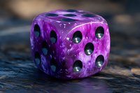 Purple and black marbled gaming dice with black pips on wooden surface, macro shot showing detailed texture and glossy finish for tabletop gaming and entertainment use.