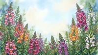 Watercolor wildflower meadow with colorful lupine blooms in pink, purple, orange and white creating natural border frame on soft blue sky background.