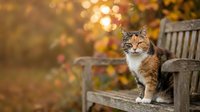 Calico cat sitting on a wooden bench in an autumn park, warm golden bokeh background with colorful fall foliage.