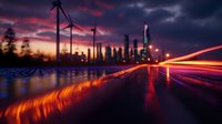 Dramatic sunset cityscape with wind turbines and light trails against urban skyline. Vibrant red and blue reflections on wet surface create futuristic atmosphere. Long exposure photography.