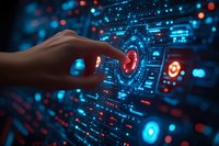 Human hand touching futuristic interface with glowing blue and red circles, digital technology visualization against dark background with bokeh lights.