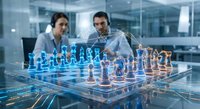 Two business professionals analyzing holographic chess board with glowing pieces in modern office, representing strategic planning and corporate decision making.