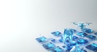 Isometric drone and digital network nodes in blue holographic style on white background, isolated for tech and innovation design projects.