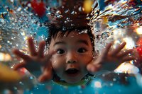 Young Asian child swimming underwater with expressive face and outstretched hands, surrounded by dynamic water splashes and bubbles against colorful bokeh background.