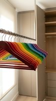 Colorful rainbow hangers organized in modern walk-in closet wardrobe with wooden shelving and storage compartments for home organization and decluttering.