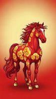 Red horse with golden ornamental patterns and flowing mane on gradient background for Chinese New Year celebrations and festive designs.