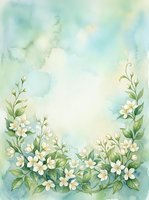 Watercolor floral frame with white flowers and green leaves on soft blue background for wedding invitations and spring designs.