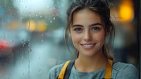Young woman with bright smile wearing yellow straps and gray top against blurred rainy window background with bokeh lights creating atmospheric mood.