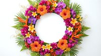 Vibrant tropical flower wreath with colorful blooms and palm leaves on white background, isolated for summer decoration and design projects.