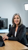 Mature woman with gray hair wearing dark blazer seated at wooden desk in modern office environment with computer setup.