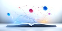 Open book with glowing magical spheres and light trails floating above pages against white background, creating ethereal atmosphere for education and imagination concepts.