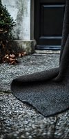 Dark doormat on concrete porch with black door and potted plant in moody atmospheric lighting, creating mysterious entrance scene with textural details.