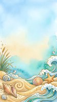 Watercolor beach scene with golden sand, seashells, starfish, and ocean waves in soft blue and cream tones, ideal for summer designs and coastal themed projects.