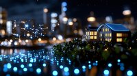 Miniature luxury house on hill overlooking city at night with bokeh lights creating magical atmosphere, tilt-shift photography effect for dreamy urban landscape.