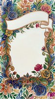 Watercolor floral frame with golden ornaments, roses, and a ribbon banner, offering a blank center for custom text or design.